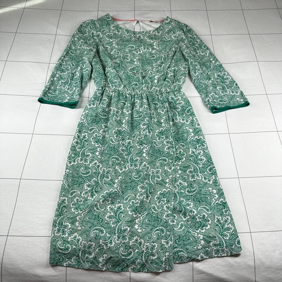 Boden Dress Womens 6 Green Dolly Day Paisley Faux Wrap Elastic Waist Classic - Picture 2 of 11